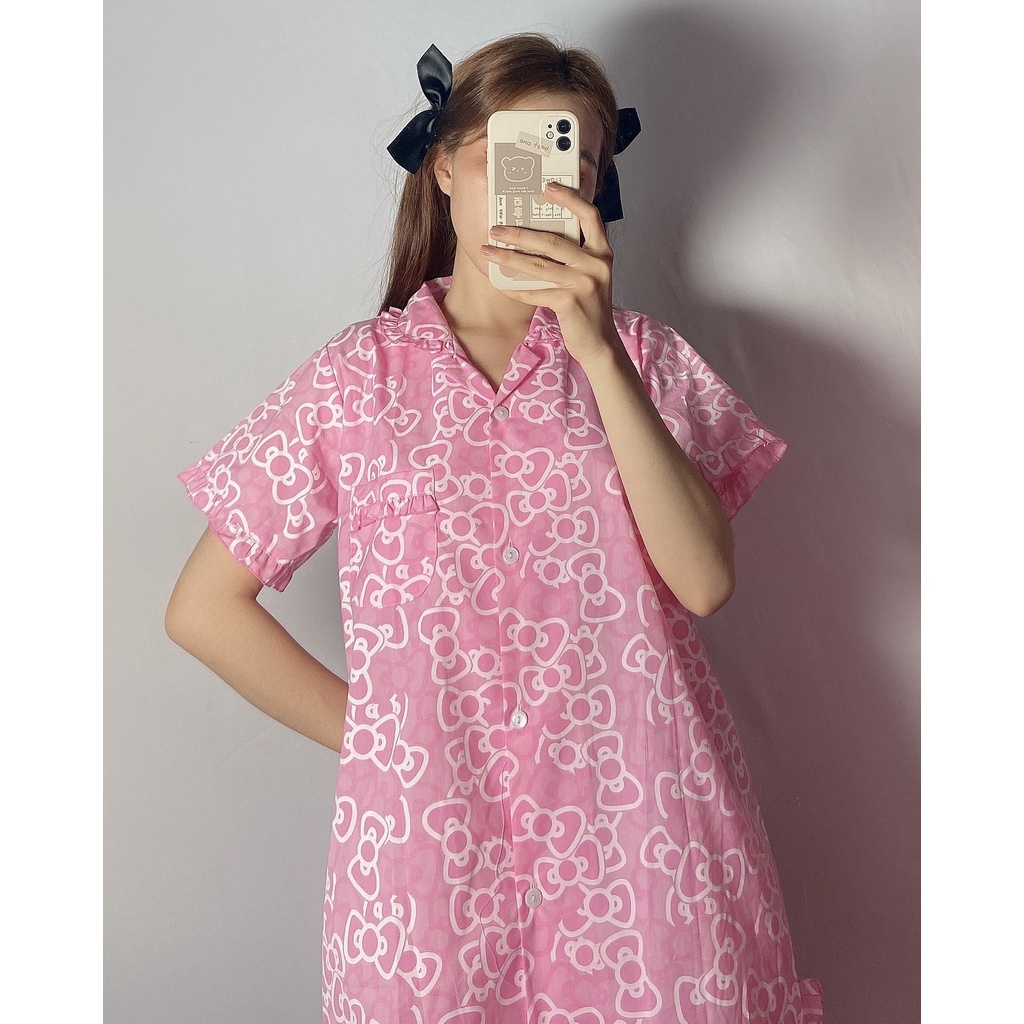 Đầm Ngủ Thái Tay Ngắn Viền Bèo Hoạ Tiết Hình Nơ mèo Hoạt Hình mẫu 112 | BigBuy360 - bigbuy360.vn