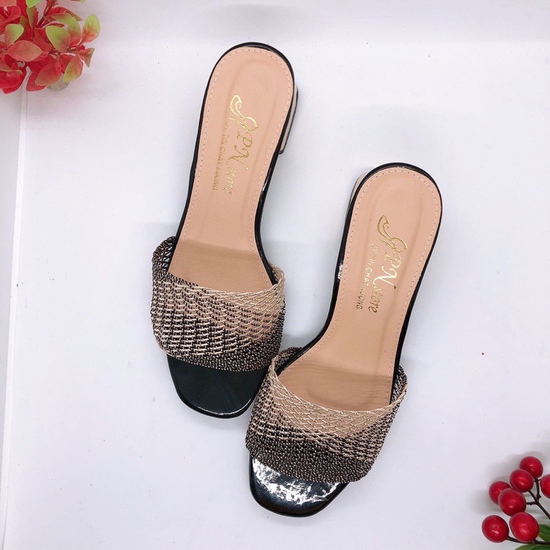 Guốc cao gót 5p màu đồng quai lưới đan