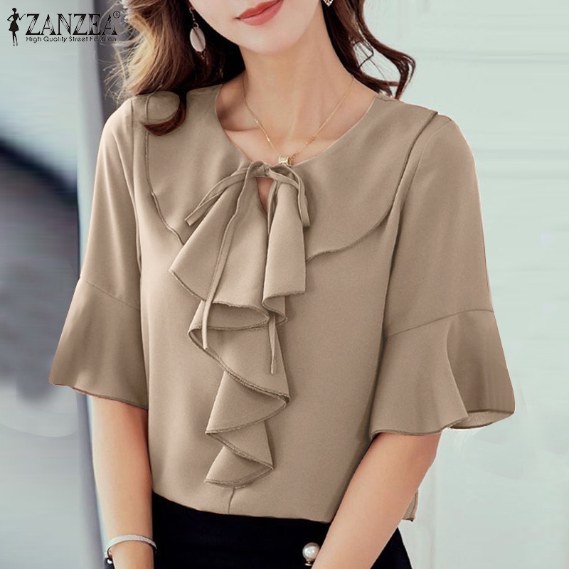 Áo kiểu ZANZEA cổ tròn tay lỡ buộc dây thanh lịch cho nữ