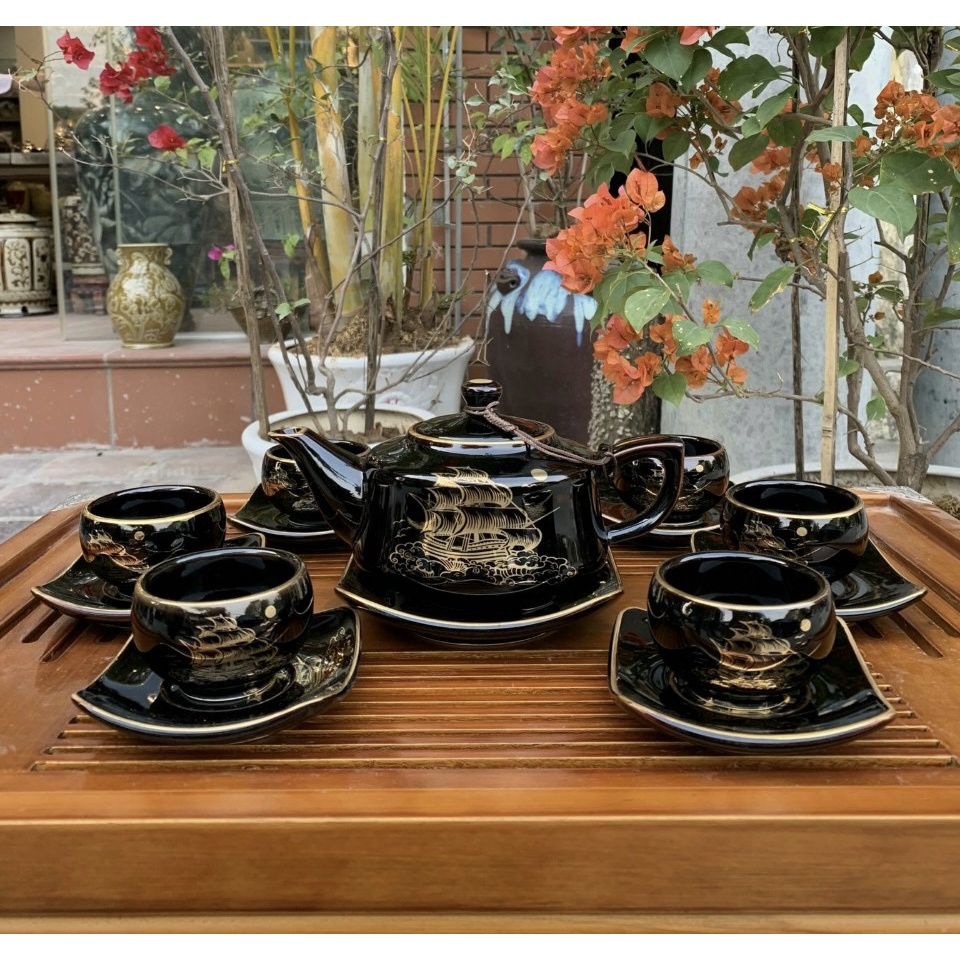 Bộ Ấm Chén Uống Trà, Bộ Bình Trà, Bộ Ấm Trà, Bộ Ấm Chén Bát Tràng - Thuận Buồm Xuôi Gió Men Đen Bóng