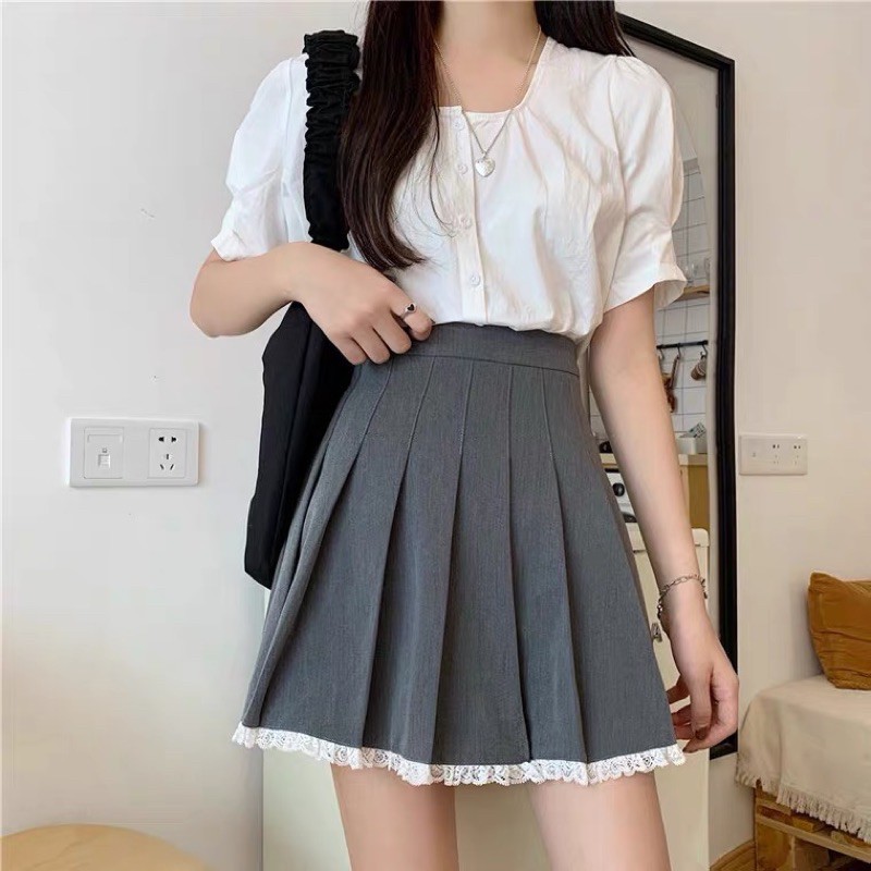 Sẵn + ảnh thật - Chân váy tennis viền ren xám