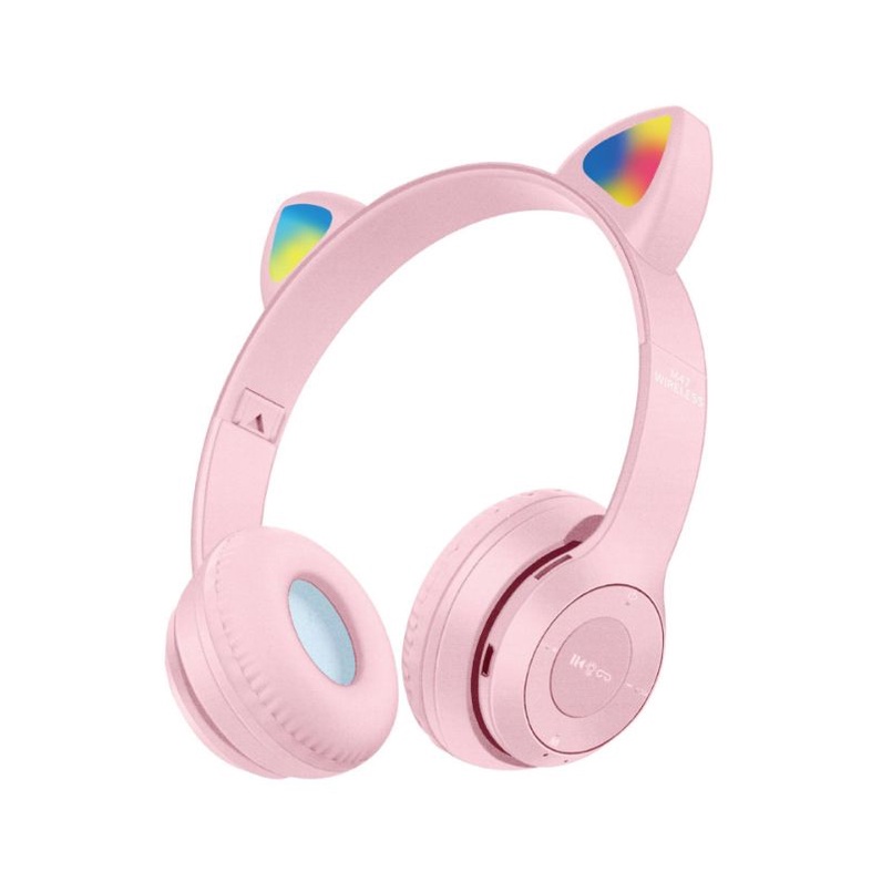 Tai nghe bluetooth P47 / P247, tai nghe mèo đèn led đổi màu có khe cắm thẻ nhớ