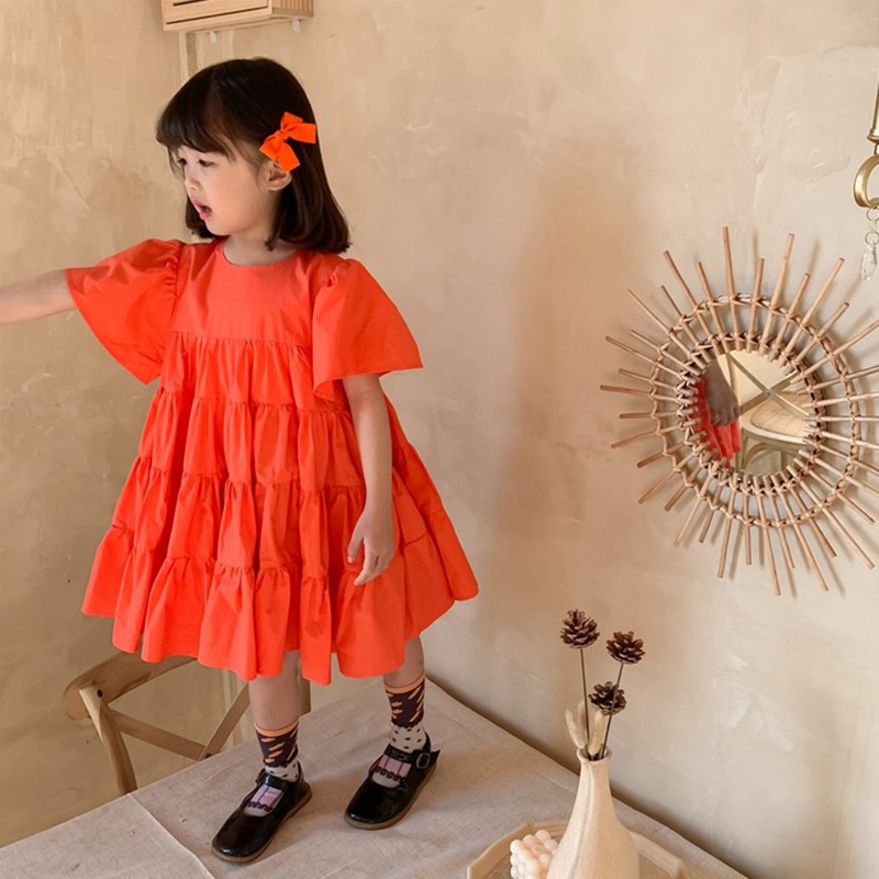 Đầm công chúa tay phồng cổ tròn màu trơn phong cách Hàn Quốc cho bé gái 3-8t