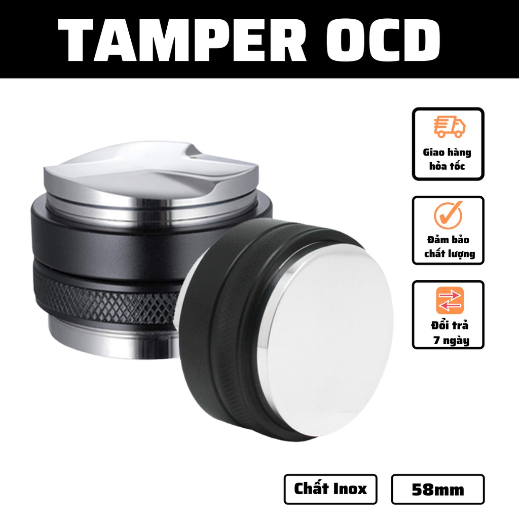 OCD tamper 58mm hai đầu gạt cà phê nén cafe inox 304 dành cho máy pha chuyên nghiệp một mặt phẳng một mặt chia ba