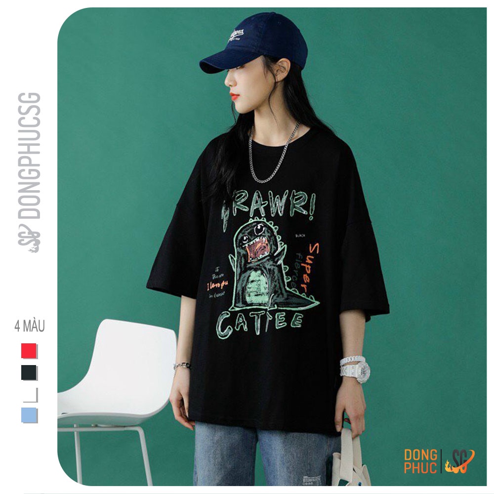 Áo thun tay lỡ unisex form rộng nam nữ ulzzang mẫu khủng long Cattee chất thun dày dặn TL03