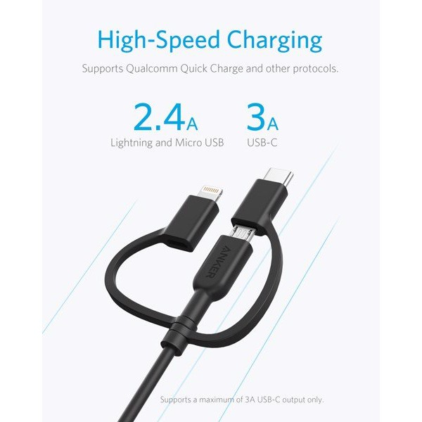 Cáp 3 in 1 Anker Powerline II 0.9M - A8436 (Lightning - Type C - Micro USB)-Hàng Chính Hãng