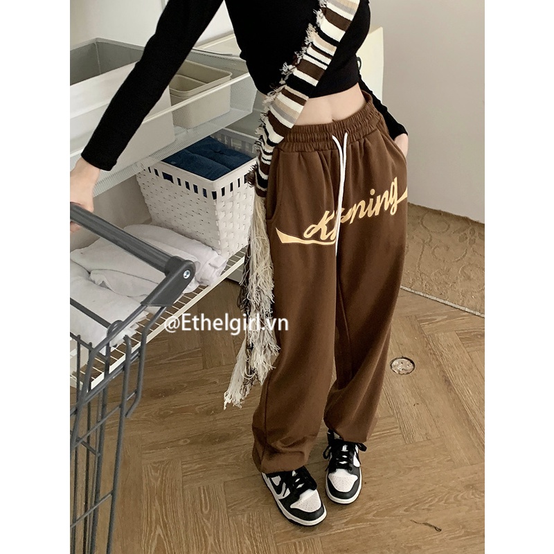 Quần ống rộng Lưng Cao In Chữ Phong Cách retro Mỹ Cho Nữ