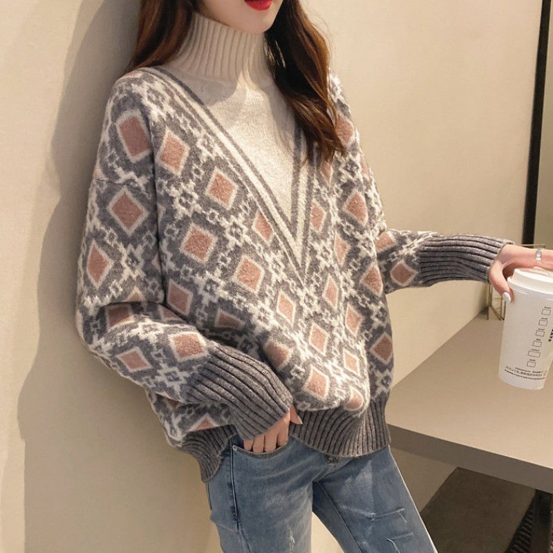 Thời Trang Thu Đông - Áo Len Cổ Lọ Nữ Tính Dạo Phố Dáng Suông Kiểu Áo Len Cổ Cao Đan Họa Tiết Hình Thoi 2234