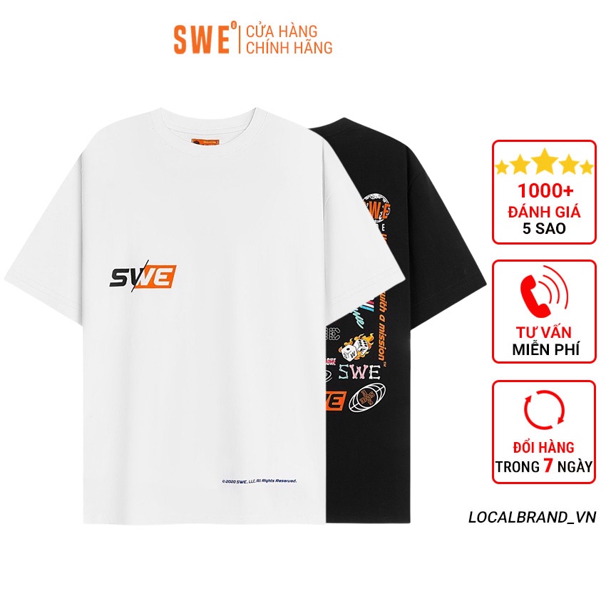 Áo thun SWE logos tay lỡ form rộng vải Cotton - Thời trang nam nữ Unisex Streetwear Hàn Quốc