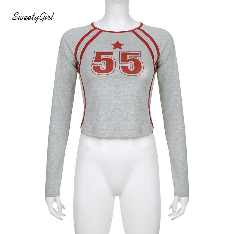 Áo Thun Tay Dài Cổ Tròn In Chữ Số Phối Màu Tương Phản Thời Trang 2022 Cho Nữ