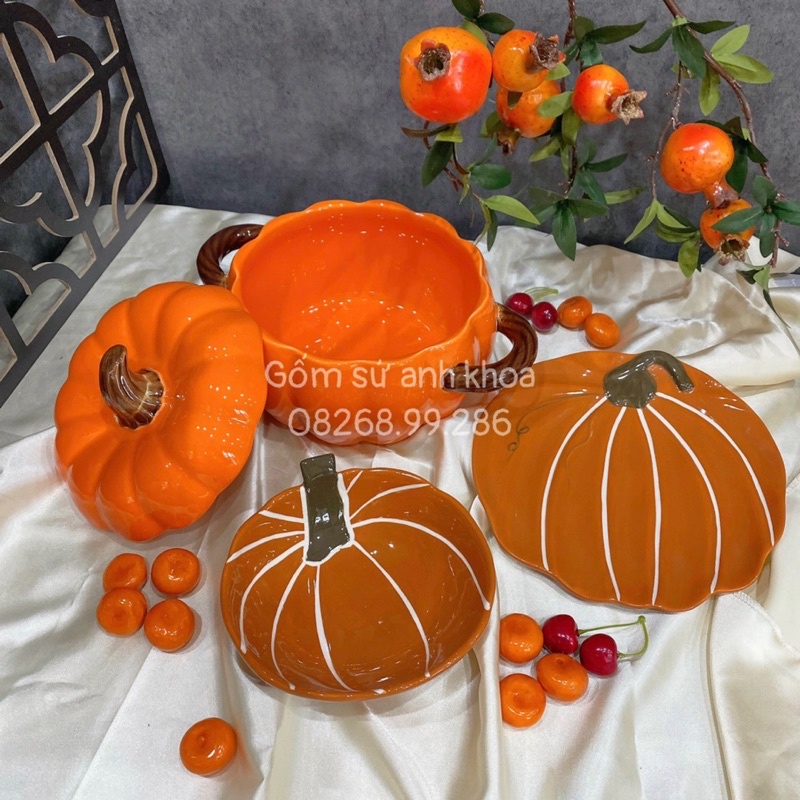 Bộ Bát Đĩa sứ Decor Chén Dĩa Sứ Dễ Thương Cute Cao Cấp sét bát đĩa hình bí ngô xinh yêu cho gia đình