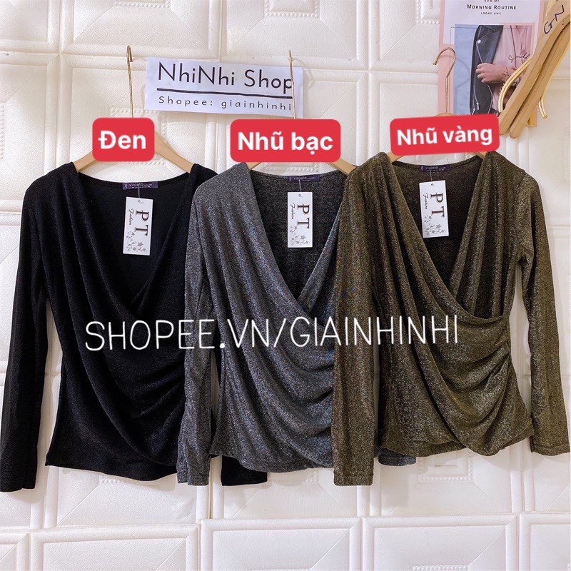 Áo nhũ cổ chéo nhiều màu, Áo kiểu dài tay cổ chéo vải thun nhũ dẻo AN1130 - NhiNhi Shop | BigBuy360 - bigbuy360.vn