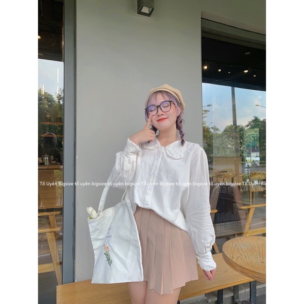 (T.U Bigsize 50-80kg) Áo Sơ Mi Cổ Bèo Tay Sen Chất Thô Sần