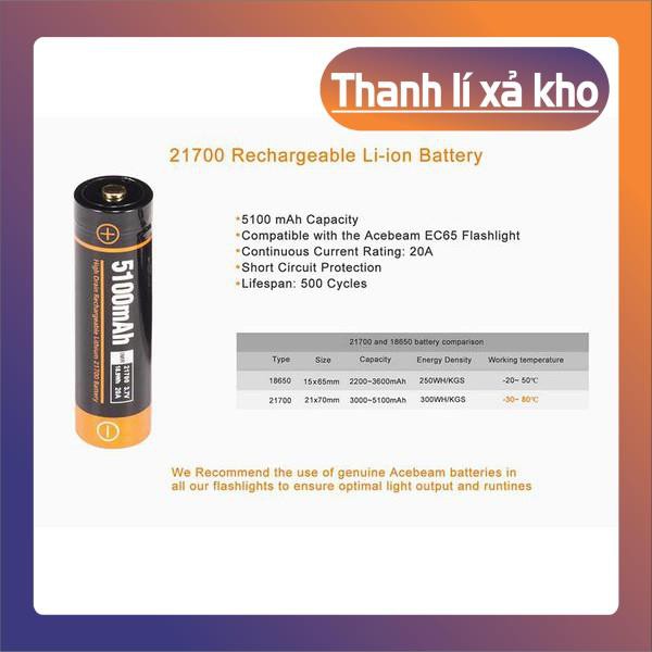 Pin sạc cao cấp dự phòng Li-ion ACEBEAM 21700 dung lượng 5100mAh