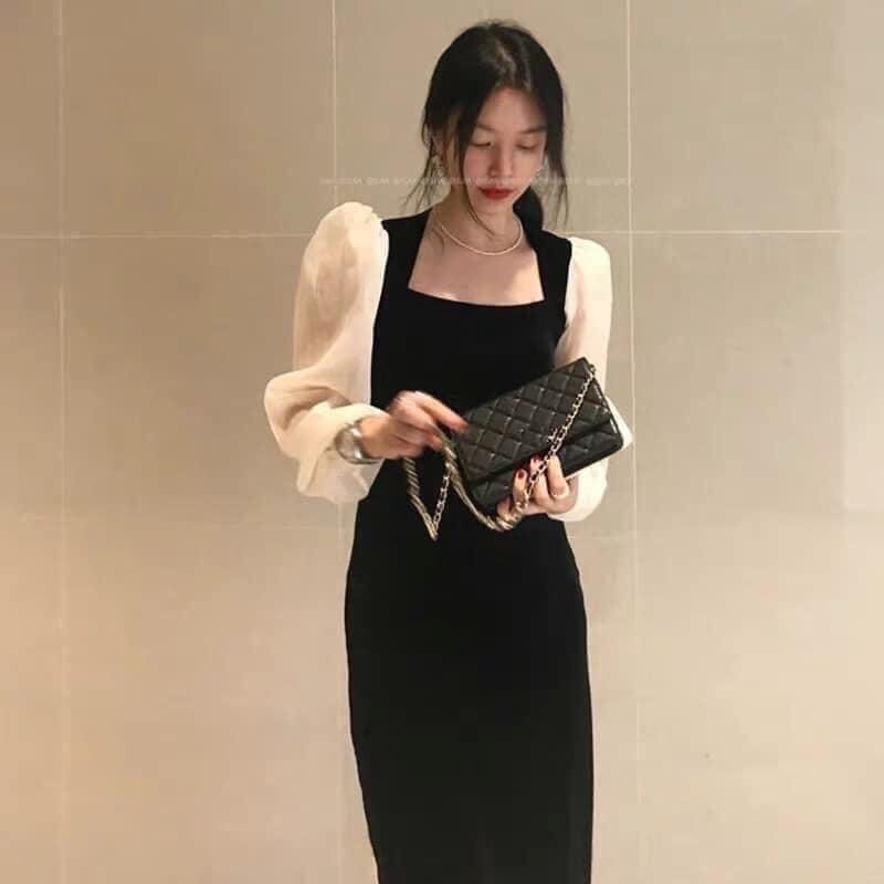 Váy cổ vuông tay bồng phối màu siêu đẹp