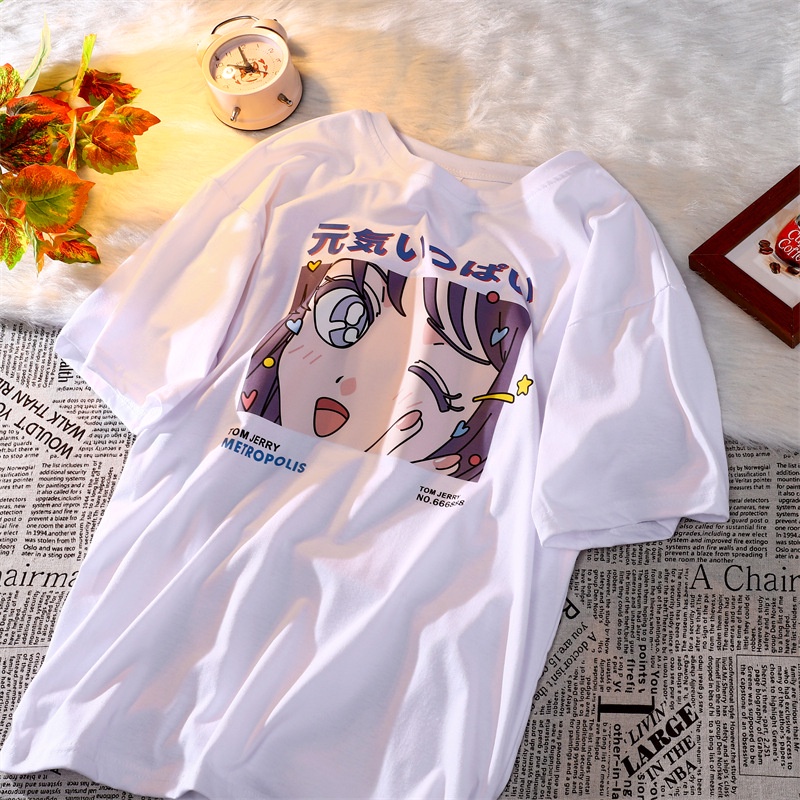 Áo Thun Tay Ngắn Cổ Tròn In Họa Tiết Anime Phong Cách Retro Nhật Bản Cho Nữ