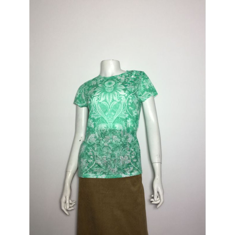 Áo kiểu thun nữ cao cấp hiệu I.N.C tay ngắn cổ tròn màu xanh in họa tiết lá cây size XS