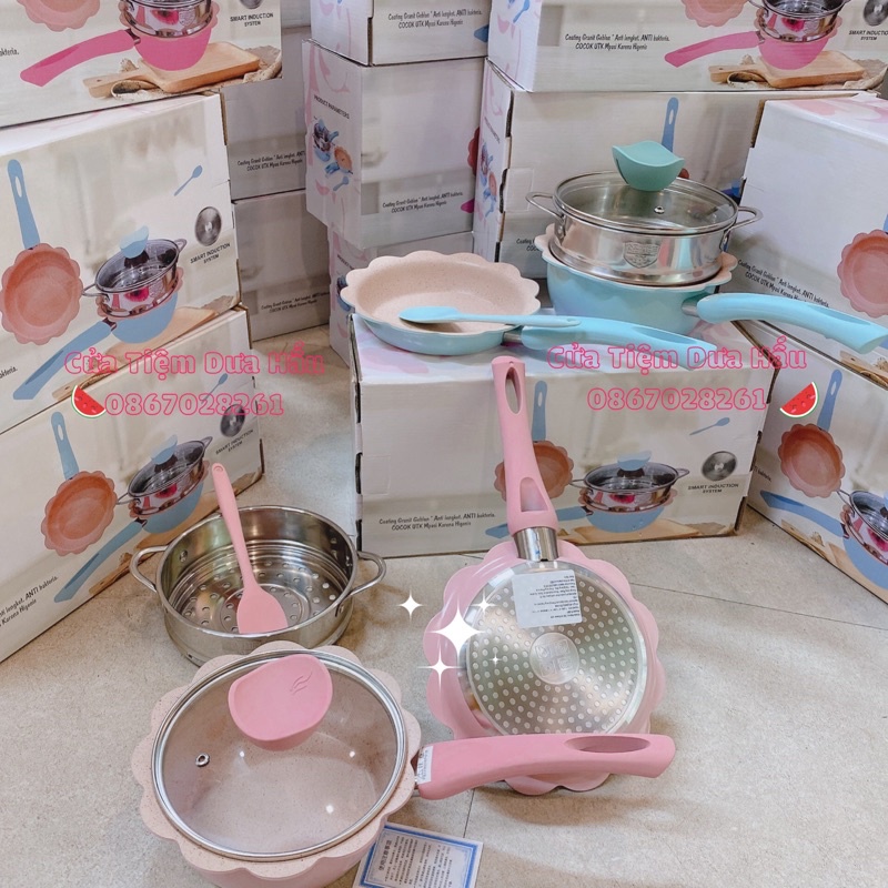 Bộ Nồi Chảo Ăn Dặm Hình Bông Hoa Chống Dính, Màu Xanh, Màu Hồng, Màu Đỏ Cho Bé - Baby Galaxy Official