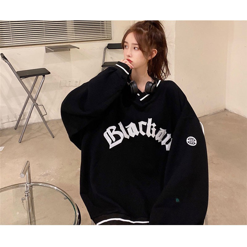 Áo Hoodie Dáng Rộng Cổ Chữ V Thêu Chữ Thời Trang