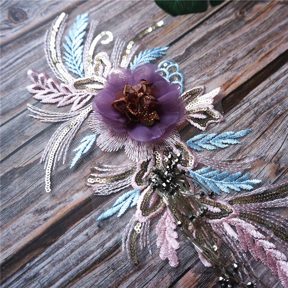Màu Tím Thêu Ren Đính May Tulle Kim Cương Giả Hoa Cổ Miếng Dán Áo Cưới Cô Dâu DIY