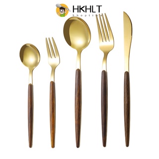 Bộ muỗng và nĩa ăn bằng thép không gỉ cán gỗ thân thiện môi trường Lt999