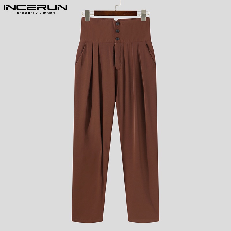 Quần dài nam INCERUN lưng cao màu trơn dáng suông rộng có nút cài phong cách cổ điển