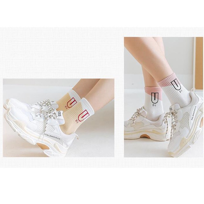 ❤️FREESHIP❤️ Tất - Vớ Nam Nữ Cotton Trơn Ulzzang Cổ cao phối màu chữ D chống trượt Phong Cách Vintage Hàn Quốc mã TA08