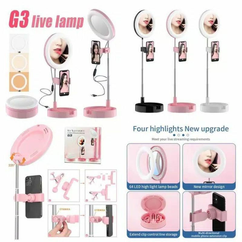 (ẢNH THẬT) Gương Tròn Trang Điểm Có Đèn Led Trợ Sáng, ĐÈN LIVE, 3 Màu, Tăng Giảm Chiều Cao, Gấp Gọn, Livestream, Tiktok,