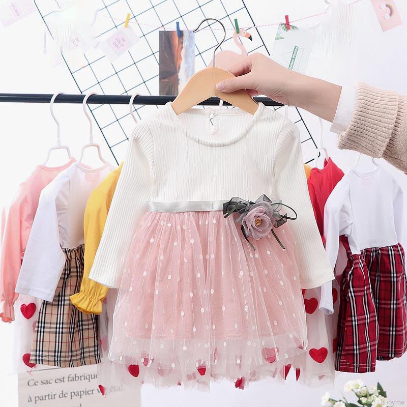 Babyme Autumn Girls Round Neck Mesh Stitching Gauze Princess Flower Cute Sweet Long Sleeve Dress