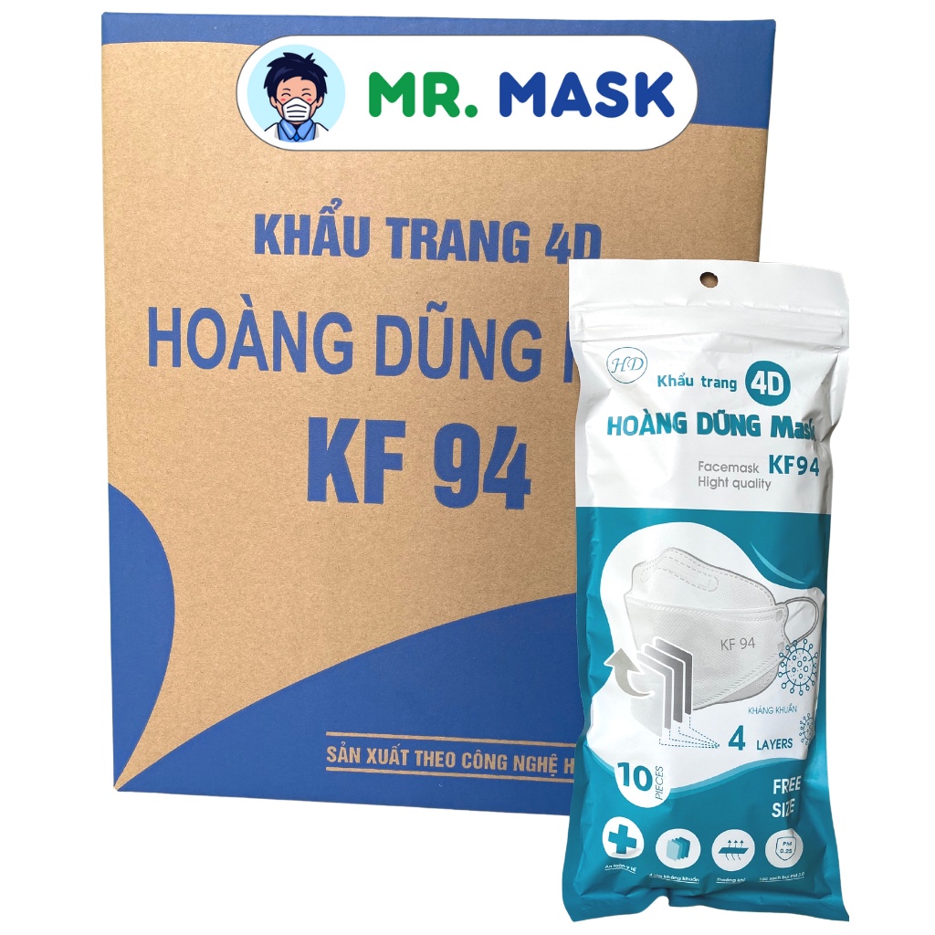 Khẩu Trang 4D Mask KF94 Hoàng Dũng Mask Chính Hãng Thùng 300 Cái, 4 Lớp Kháng Khuẩn, Kháng Bụi, Tiêu Chuẩn Hàn Quốc