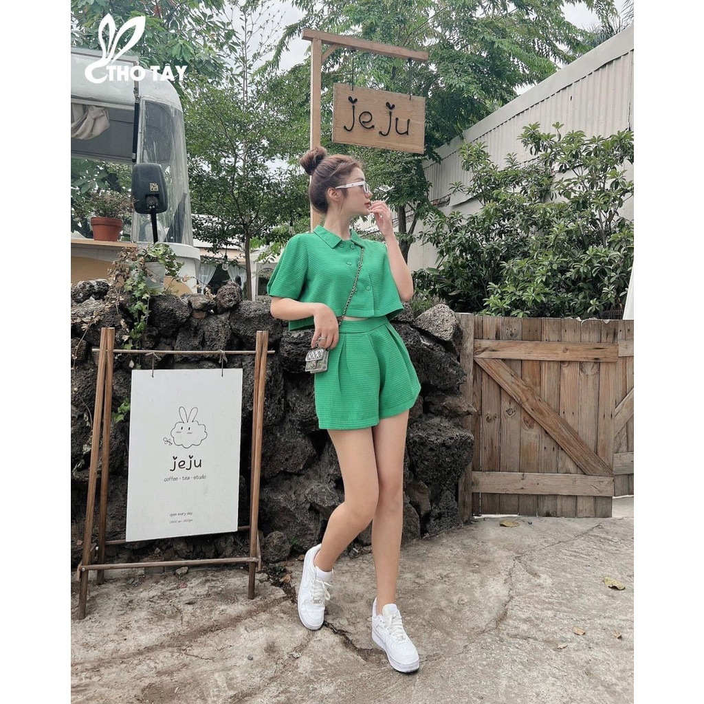 Sét bộ xốp phồng áo croptop kèm quần soc
