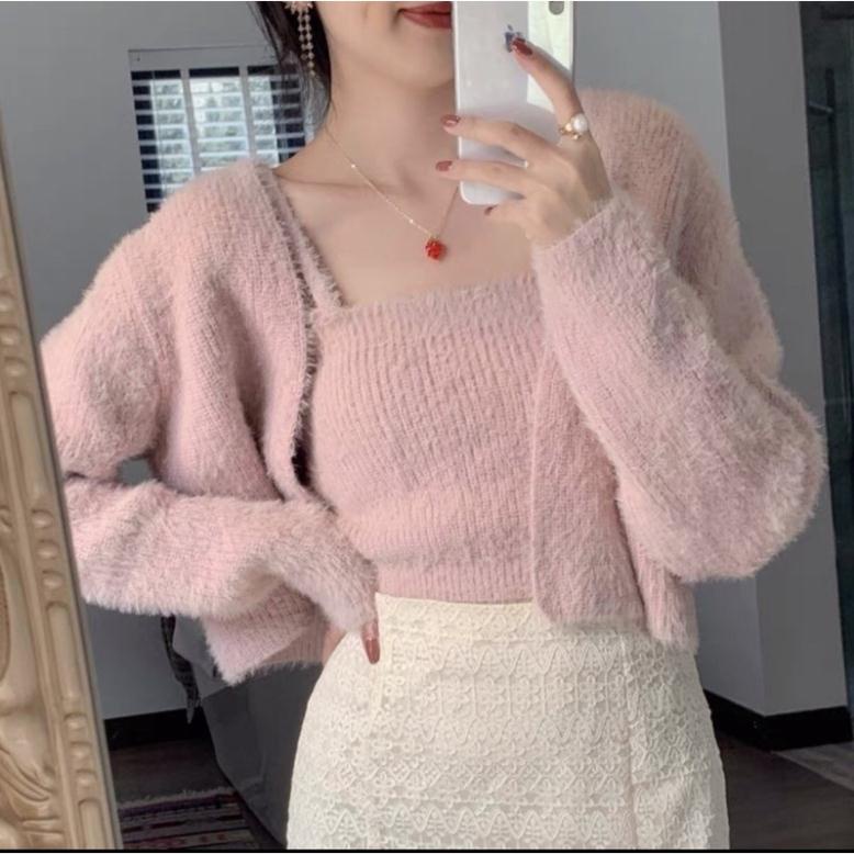 Set len lông, Sét áo len kèm áo 2 dây, len mềm mịn