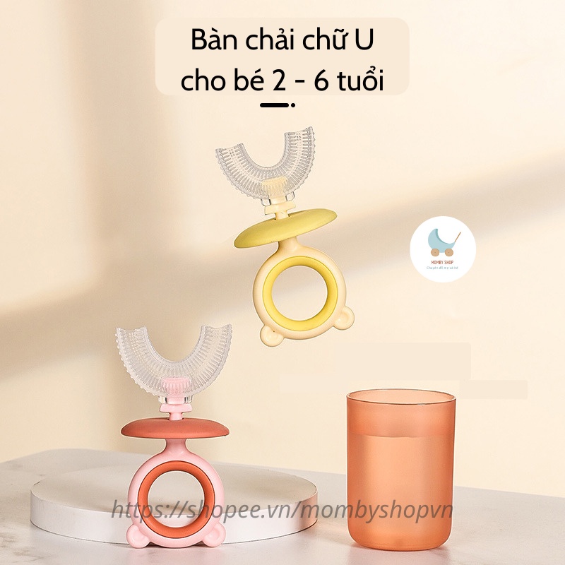 Bàn chải đánh răng chữ u cho bé Teddy kèm cốc, bàn chải đánh răng silicon cho bé từ 2 - 7 tuổi