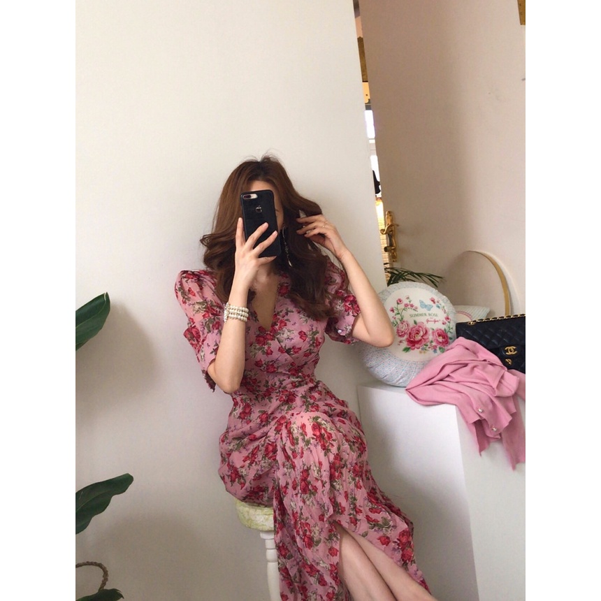 Váy hoa nhí nữ dáng dài cổ thuyền ❤️ tay phồng kiểu Pháp ôm dáng cực sang chảnh - V23