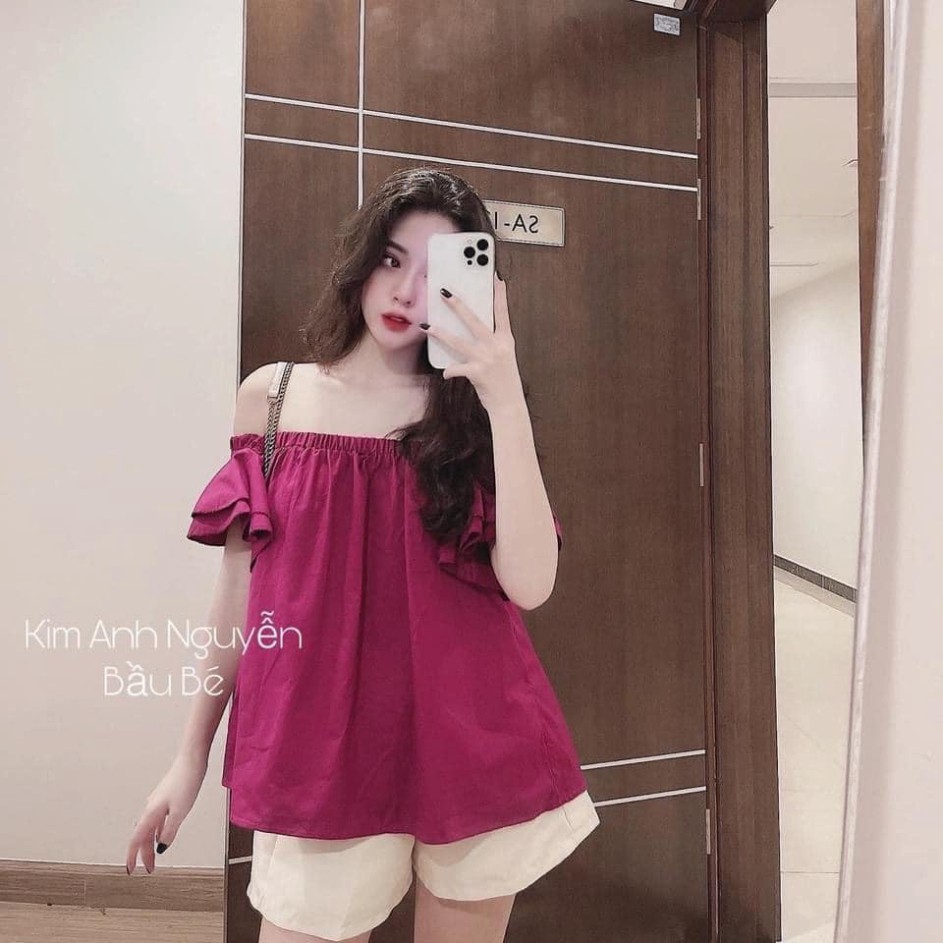 [Mã FAGREEN245 giảm 10% tối đa 30K đơn 99K] (Si Tan Goc) Set Áo Hồng Tay Bèo Mặc 2 Kiểu Mix Quần Be Cho Nữ