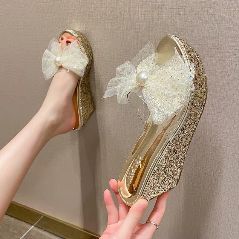 Dép đế xuồng nhũ quai trong suốt đính nơ 8 - 12 cm, hàng cao cấp