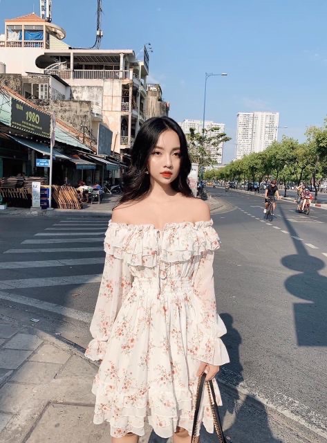 Váy Trễ Vai Hoa Nhí 2 Lớp Dài Tay Bồng Bềnh Ullzzang [ẢNH THẬT+VIDEO] | BigBuy360 - bigbuy360.vn