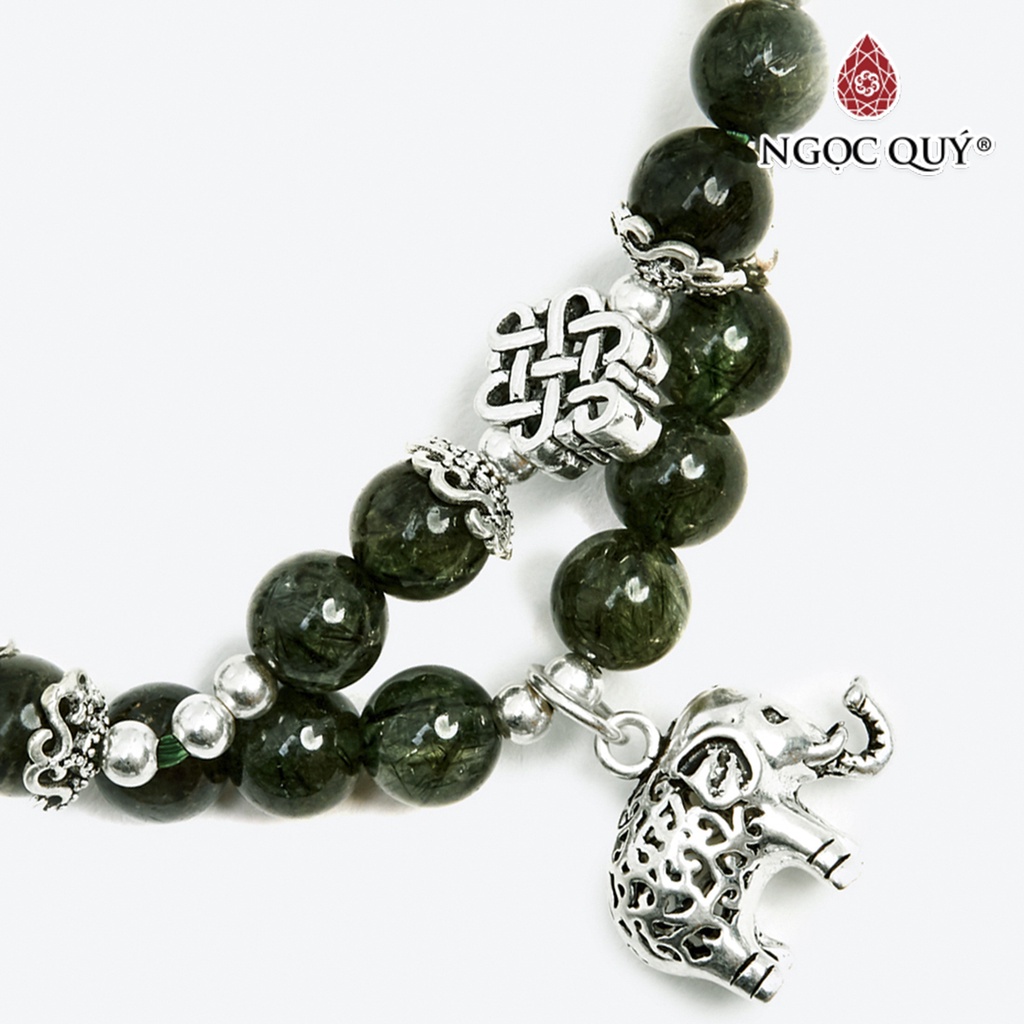 Vòng 2 line đá TA tóc xanh phối charm voi bạc hạt 6mm - Ngọc Quý