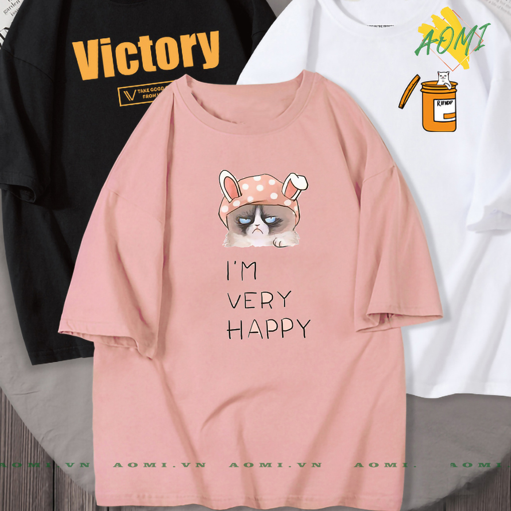 ÁO THUN UNISEX MEO VERY HAPPY PHÔNG NAM NỮ GIA ĐÌNH CẶP ĐÔI CÓ SIZE TRẺ EM AOMIVN