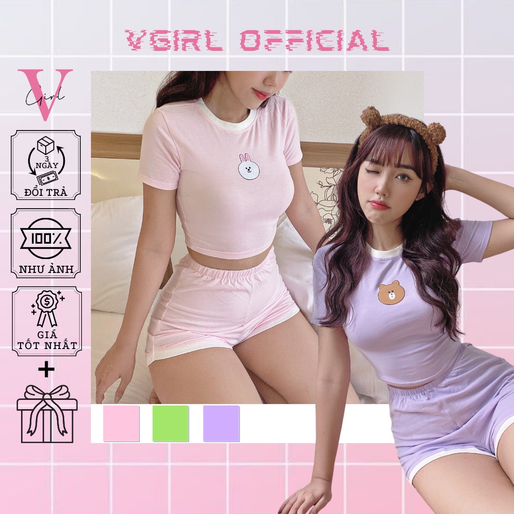 Set đồ bộ nữ VGIRL áo croptop kèm quần short vạt bầu màu Hàn Quốc logo dễ thương [ẢNH ĐỘC QUYỀN]