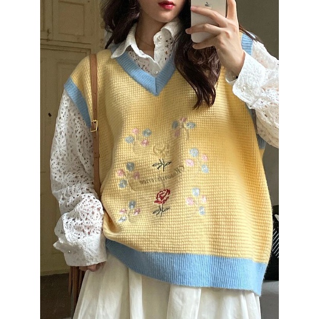 Áo dệt kim không tay thêu hoa phong cách cổ điển thời trang mới
