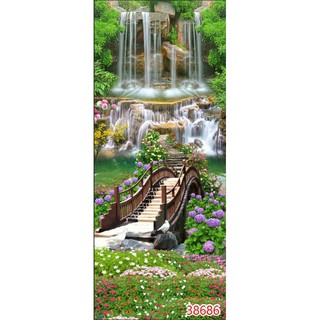 Tranh dán tường 3D thác nước ,sơn thủy hữu tình khổ dọc nhận in theo kích thước yêu cầu