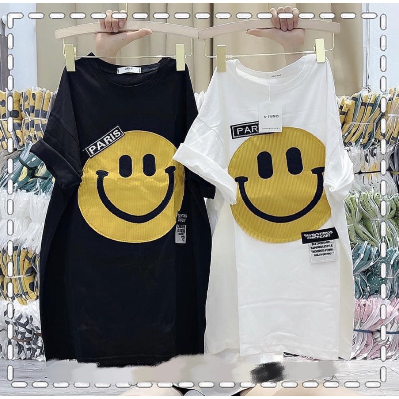Áo phông tay lỡ hình mặt cười, áo thun form rộng cotton 3158