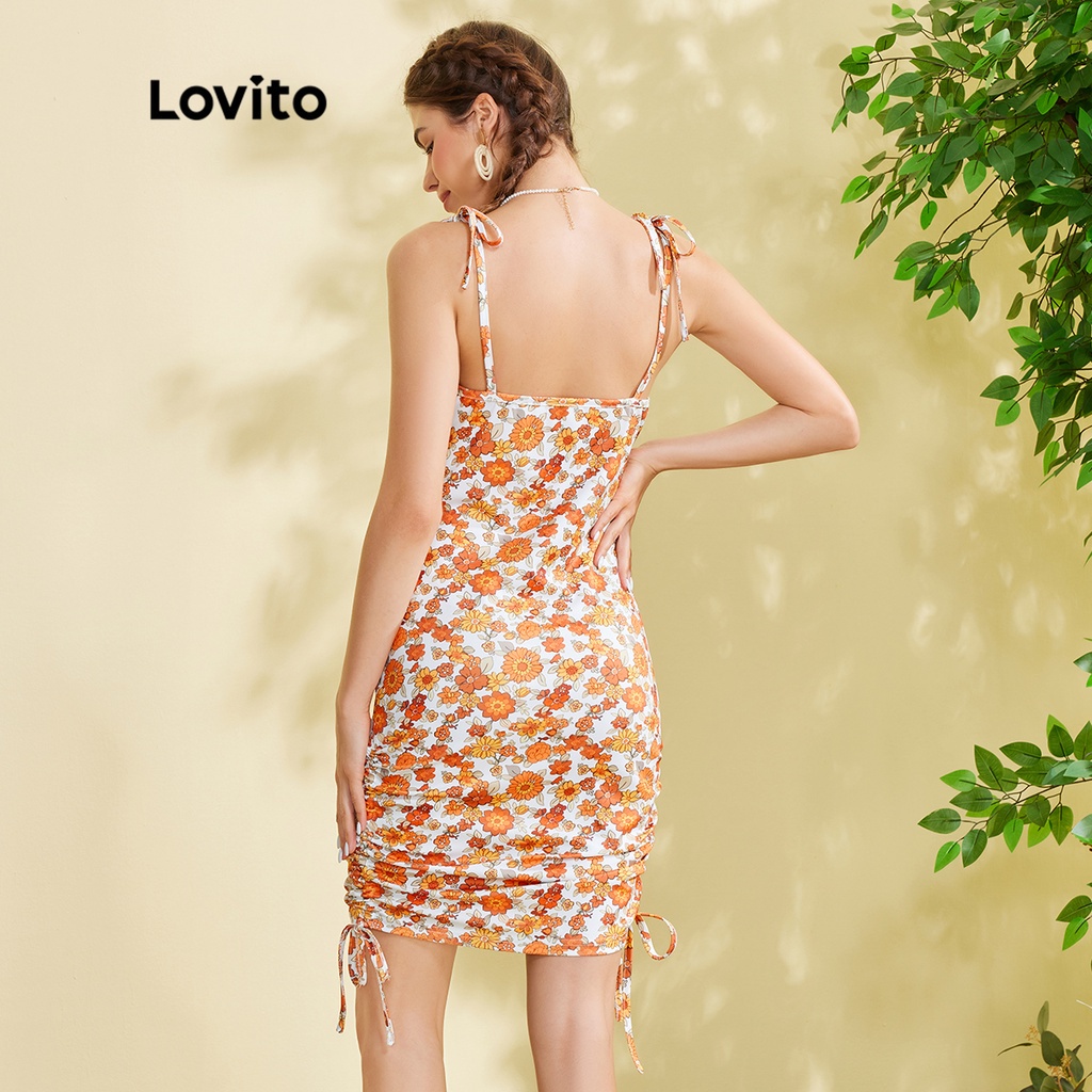 váy đầm Lovito FREE NATURE Ren hoa Shirring ren lên Boho L28EE045 (Cam)