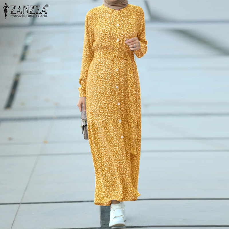 Đầm maxi ZANZEA dài tay in hoa phong cách Hồi giáo thời trang cho nữ