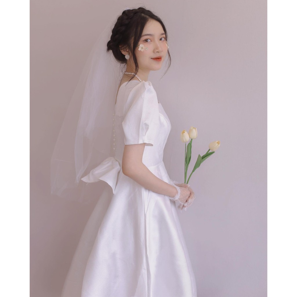 Đầm dự tiệc, dạo phố nơ lưng dáng xòe tay bồng tiểu thư - Ely Dress