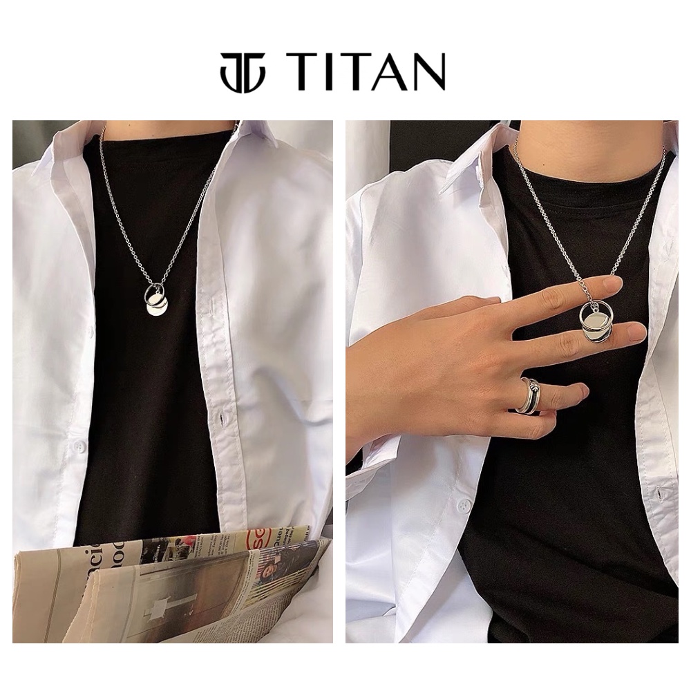 Dây chuyền nam nữ mặt hình tròn đan nhẫn Khắc Tên Laser, vòng cổ thời trang màu bạc 925 unisex thép không gỉ Titan shop