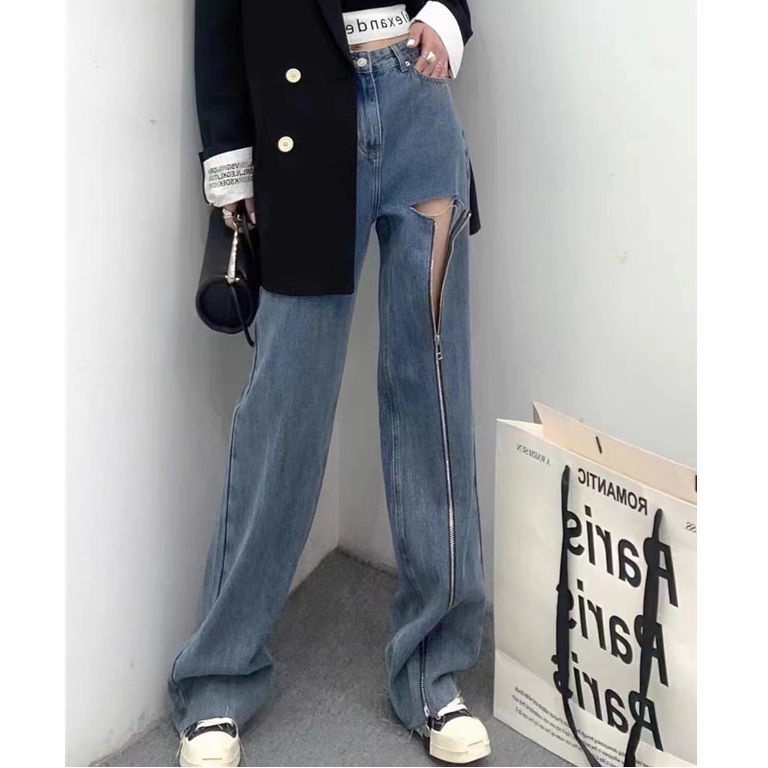 Quần Denim Ống Rộng Lưng Cao Phối Rách Và Khóa Kéo Mẫu Mới 2022 Cho Nữ