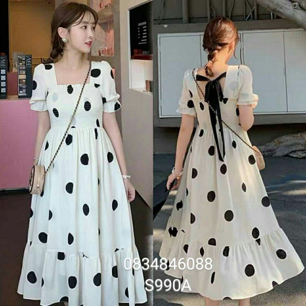 Váy bầu chấm bi BBA226 chất lụa hàn freesize dưới 70kg
