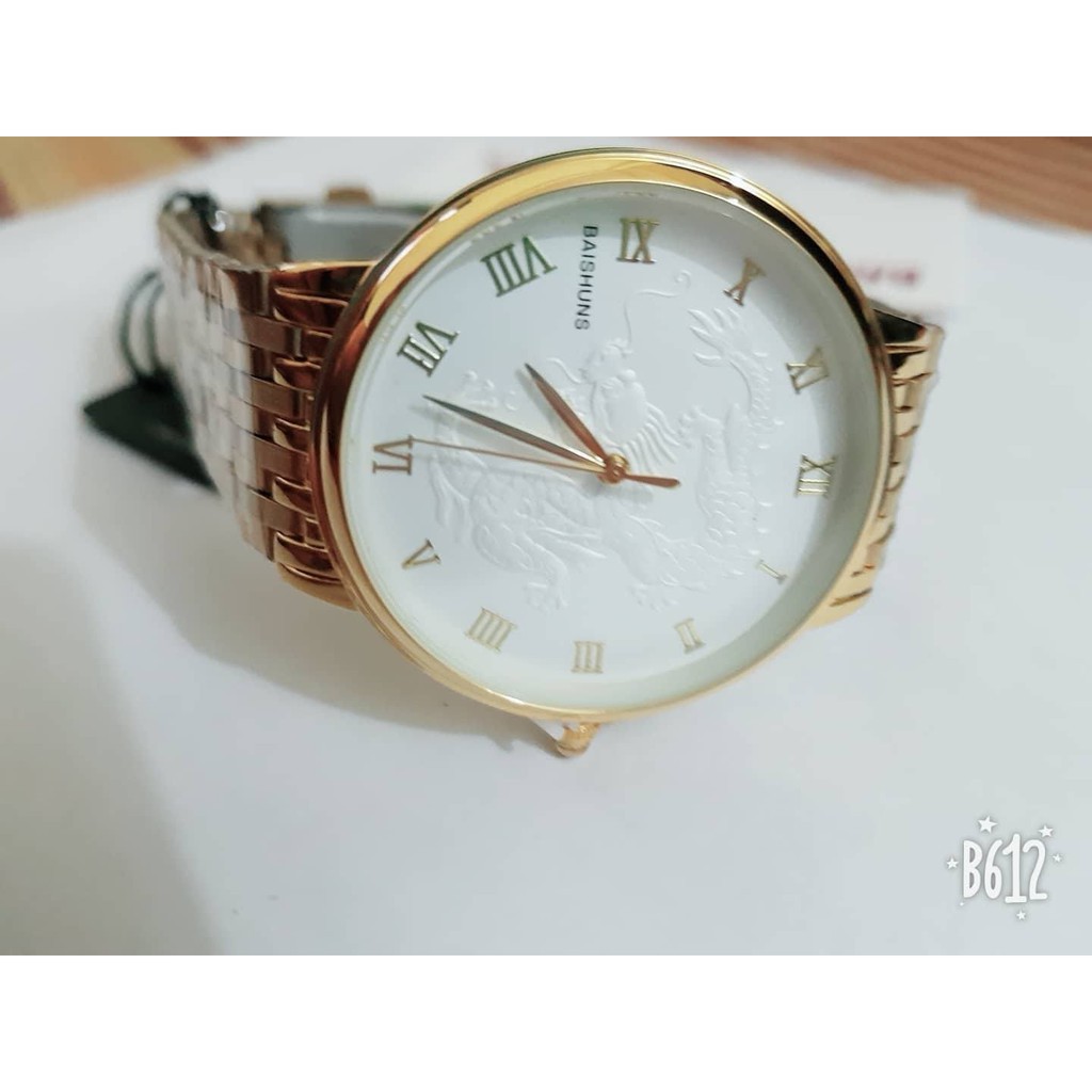 Đồng hồ nam baishun mặt họa chi tiết rồng. mặt trắng dây mạ vàng hot 2018